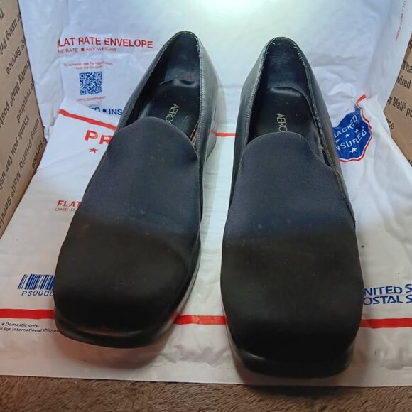 AeroSoles Women’s Black Leather/fabric Slide On Wedge Square Toe Shoes - Picture 2 of 10